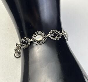 Vtg. BEAU Sterling Silver Moonstone Filigree Link Bracelet 7.50" -8.29 GRAMS